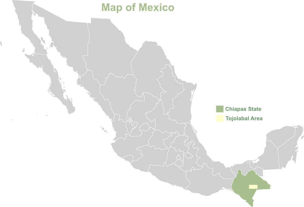 Map of Mexico showing Chiapas and the area occupieed by the Tojolabal Maya